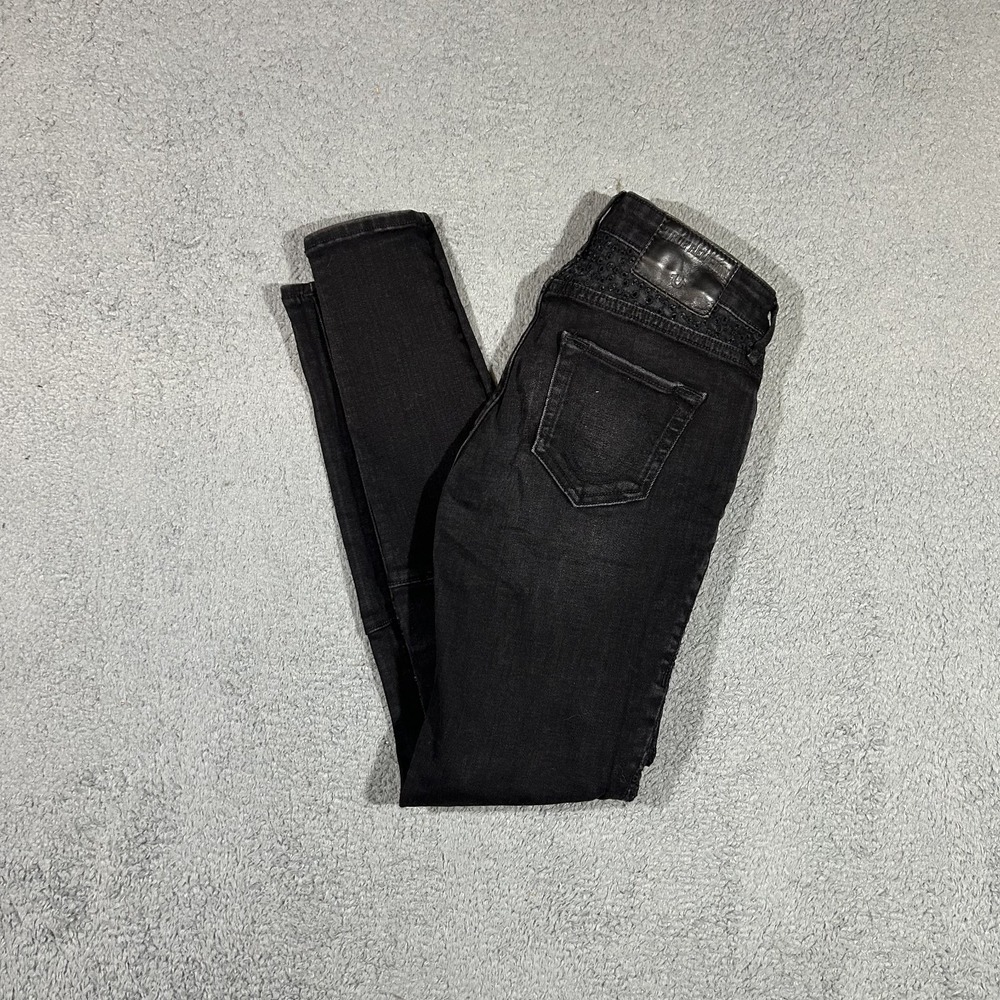 True Religion Pants Jeans Womens 24 Halle Mid Rise Super Skinny Moto Black #4036
